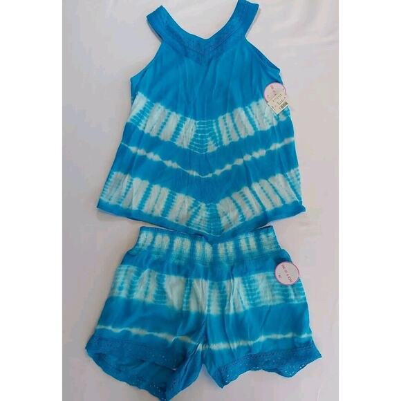 Justice Girls Tie Dye Shorts and tank Set blue and white Size 12 - Picture 1 of 6